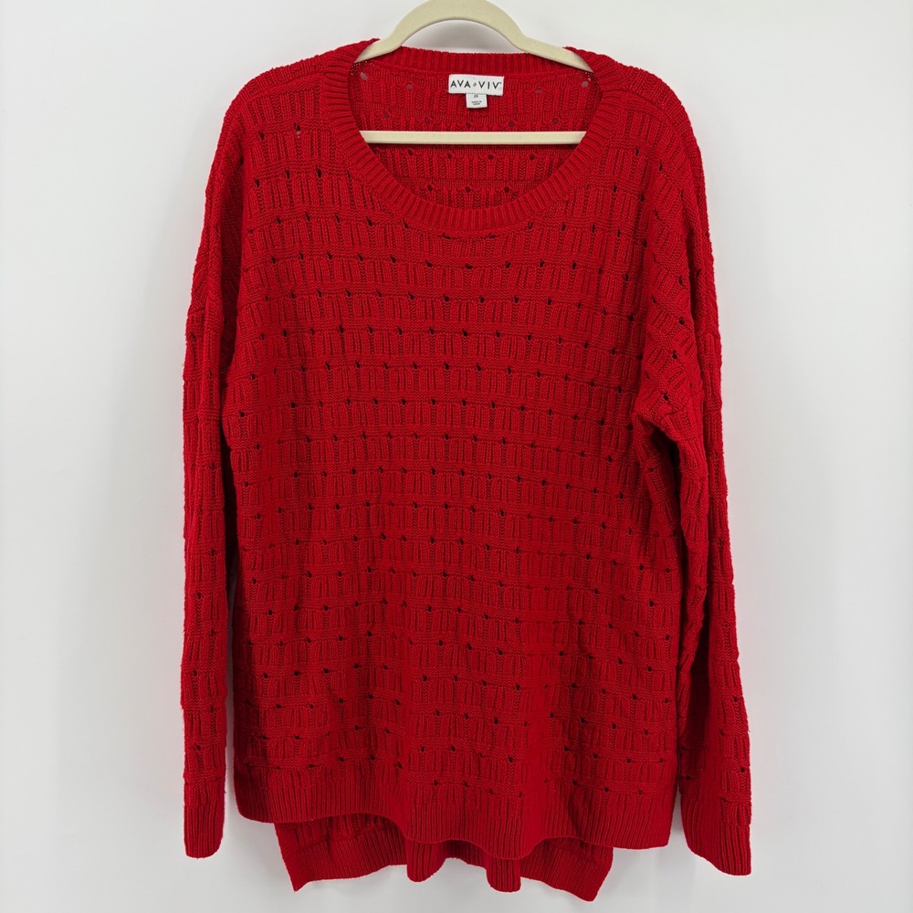 AVA‎ & VIV Red Knit Openwork Sweater Plus Size 2X Long Sleeve